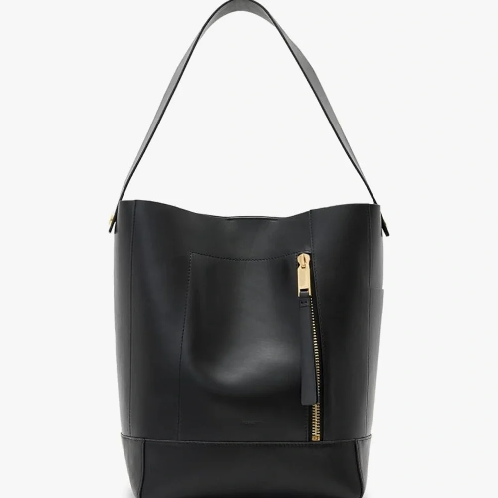All Saints Black Leather Tote with Gold Zipper - Picture 7 of 12